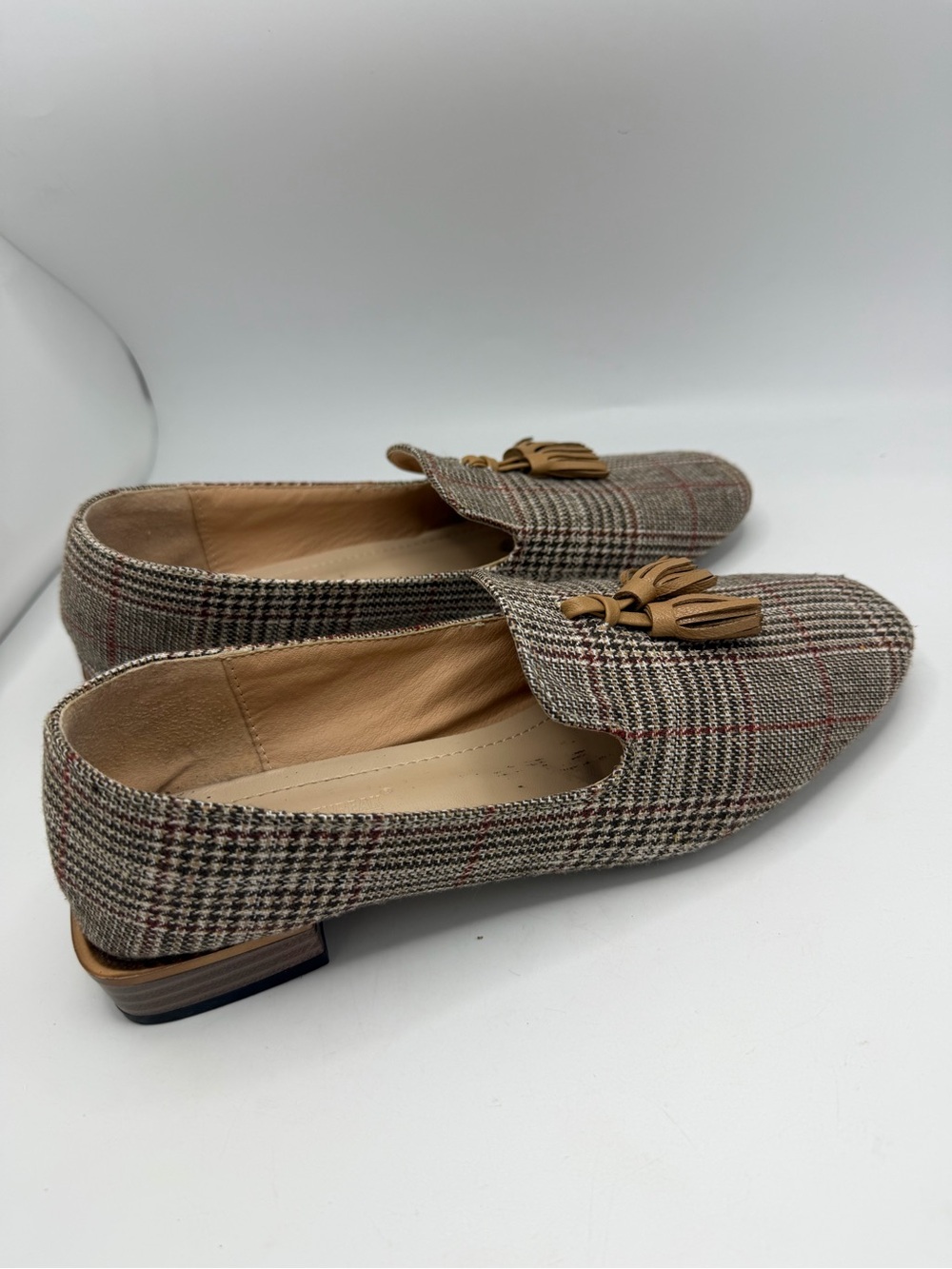 Modenpeak Tassel Suede Loafers Square Toe Plaid Size 7.5 Preppy, tartan, grunge
